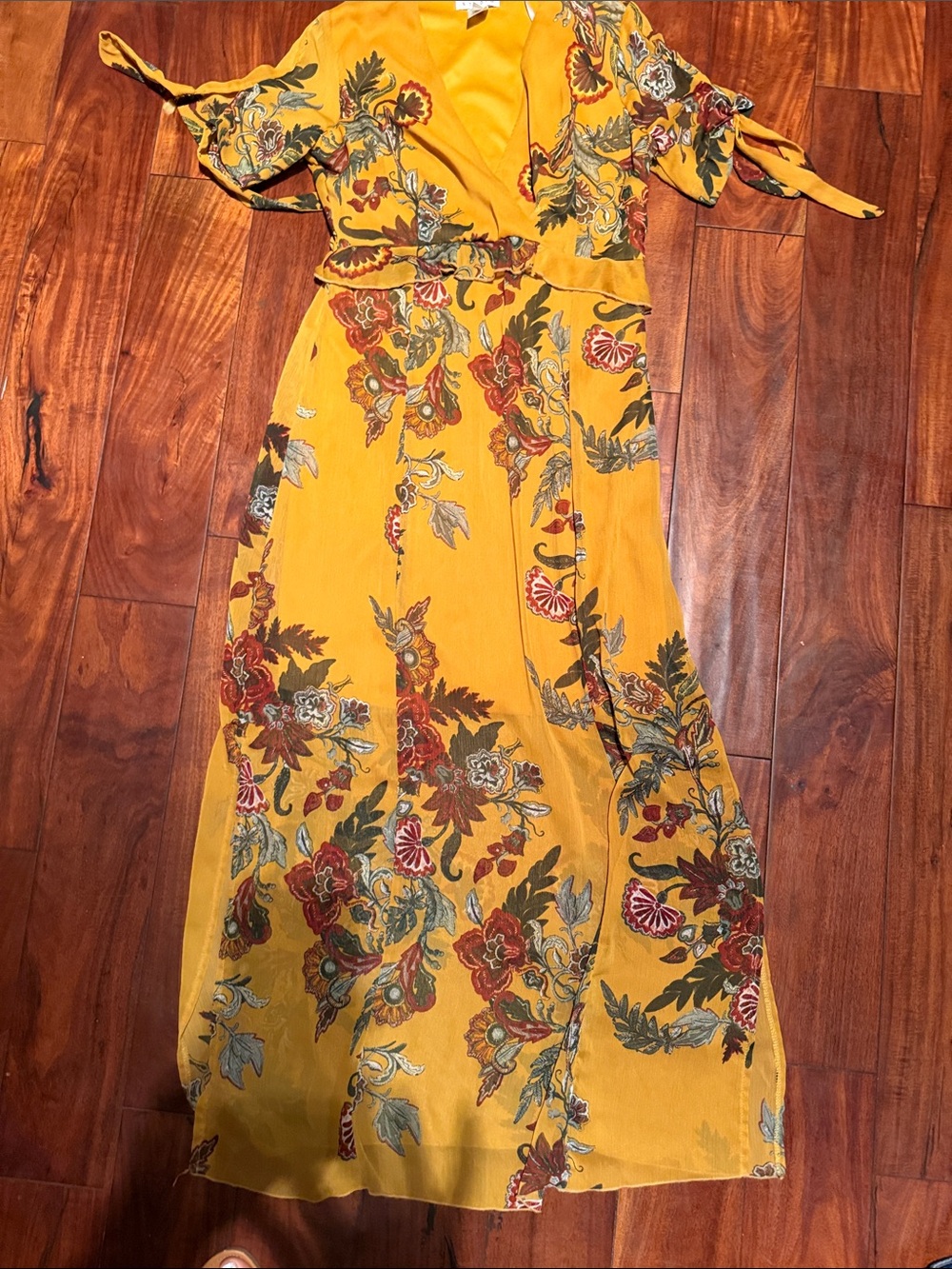 Enfocus Studio Mustard Yellow Floral Wrap Maxi Dress